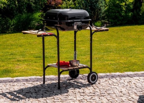 DUŻY GRILL OGRODOWY Z REGULACJĄ RUSZTU DREWNIANE PÓŁKI