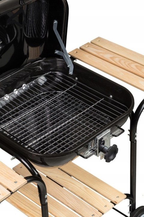 DUŻY GRILL OGRODOWY Z REGULACJĄ RUSZTU DREWNIANE PÓŁKI