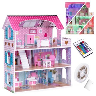 DREWNIANY DOMEK DLA LALEK Z OŚWIETLENIEM LED + ZESTAW MEBELKÓW ECOTOYS