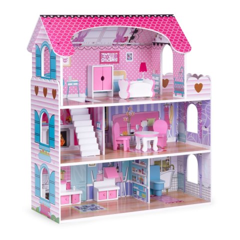 DREWNIANY DOMEK DLA LALEK Z OŚWIETLENIEM LED + ZESTAW MEBELKÓW ECOTOYS