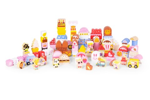 DREWNIANE KLOCKI EDUKACYJNE ZESTAW - CUKIERKOWE MIASTO 116 EL. ECOTOYS