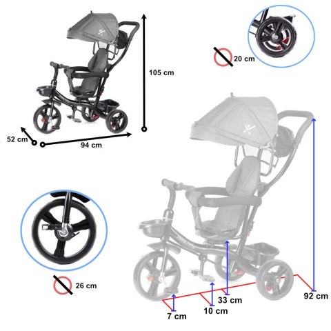 Rowerek trójkołowy Trike Fix Lite 3w1 z daszkiem obracany regulowany spacerówka prowadnik pasy szary